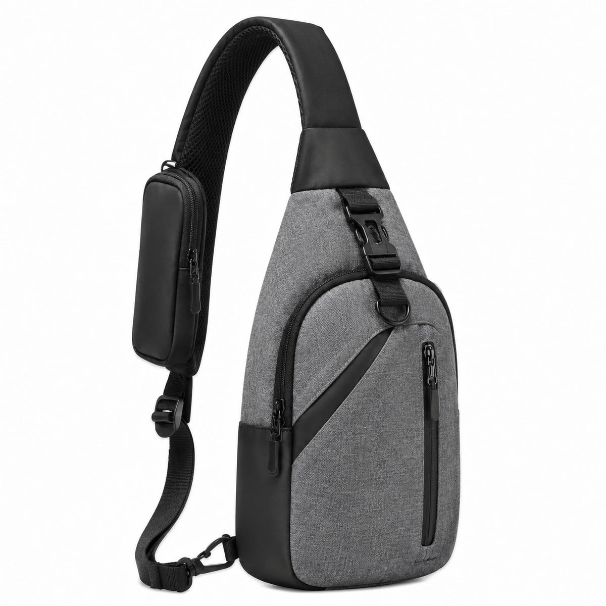 Bolso bandolera 30 cm de tejido sintético gris y negro con compartimentos con cremallera