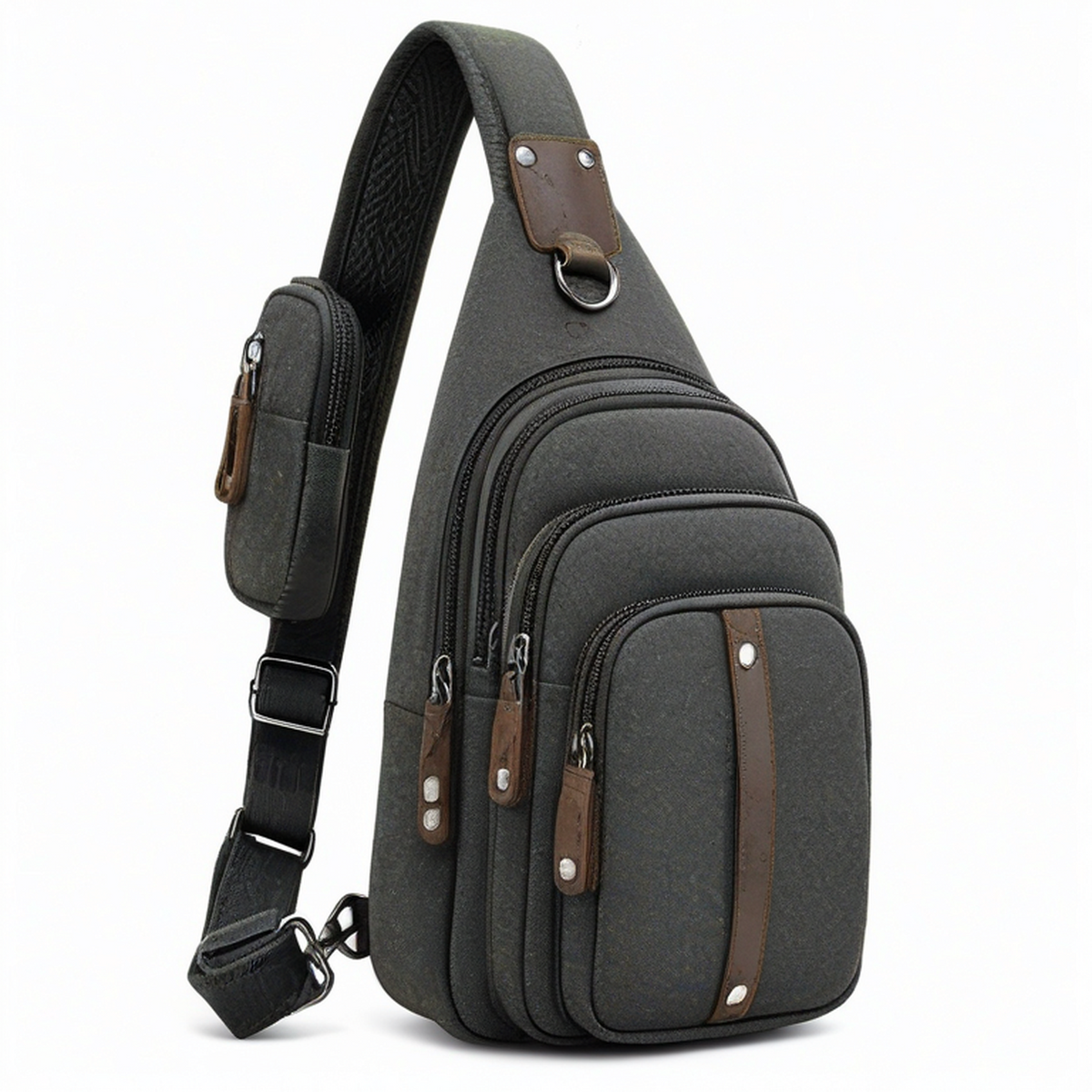 Bolso bandolera 18 x 8 x 32 cm de lona gris oscuro con detalles marrones y múltiples bolsillos