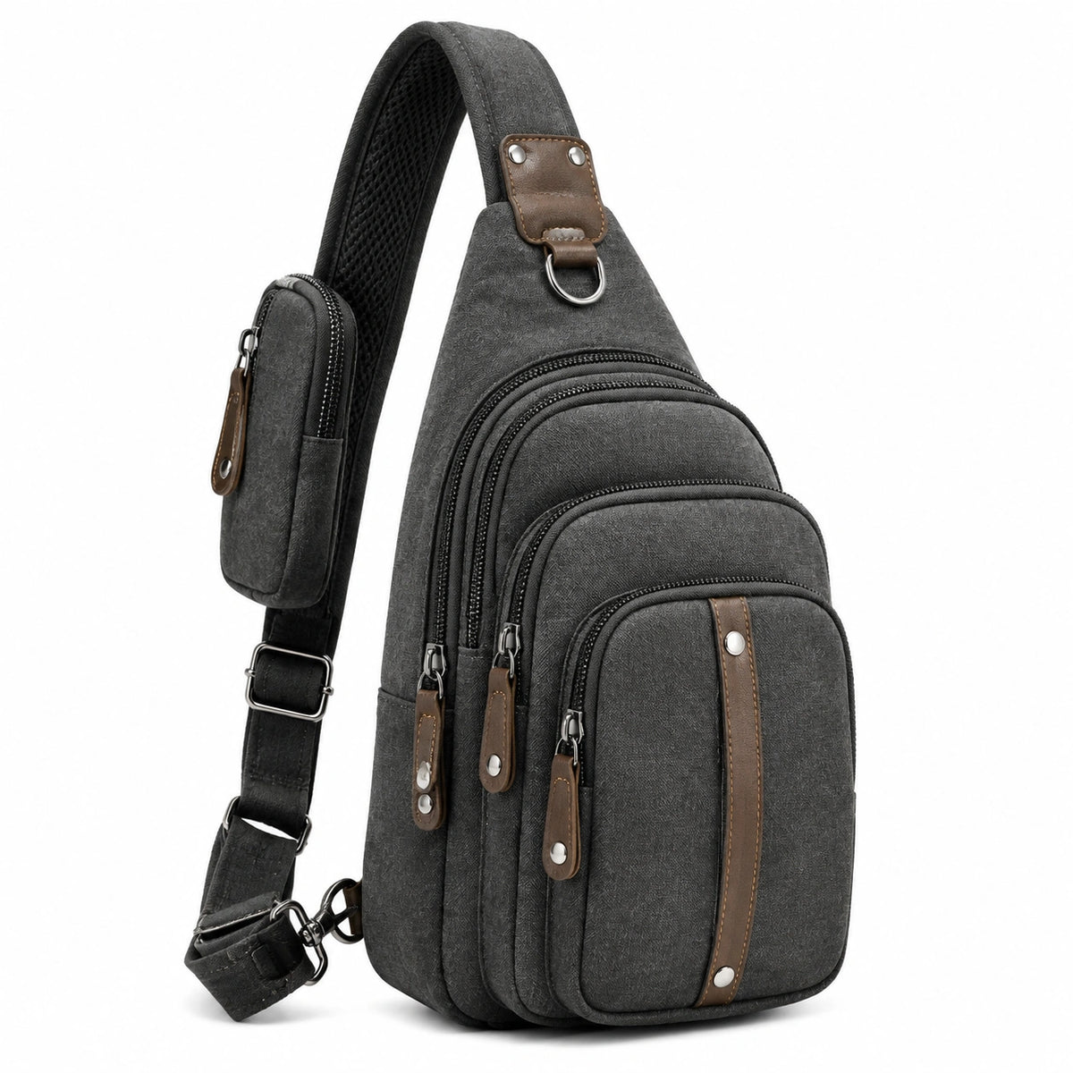 Bolso bandolera 18 x 8 x 32 cm de lona gris oscuro con detalles marrones y múltiples bolsillos