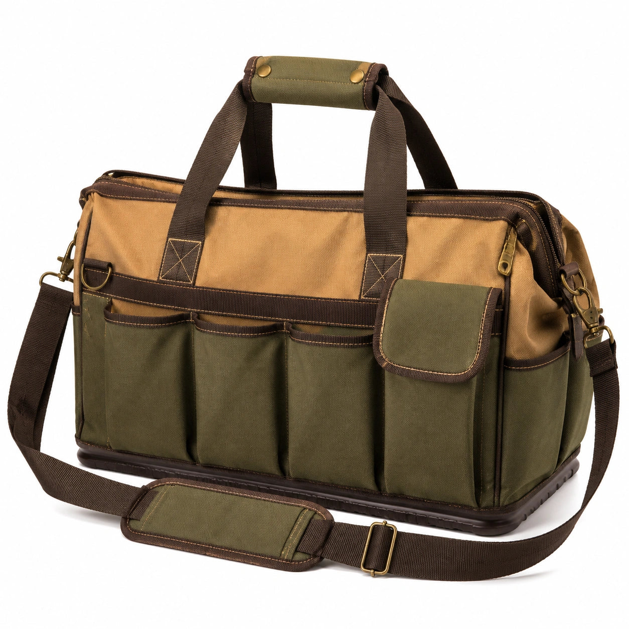 Bolsa de herramientas 45 x 25 x 30 cm - textil verde y marrón con bolsillos y correa ajustable
