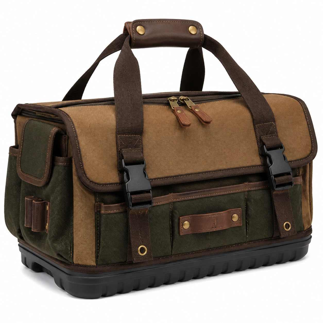 Bolsa de herramientas 45 x 25 x 30 cm de lona marrón y verde con base rígida y bolsillos
