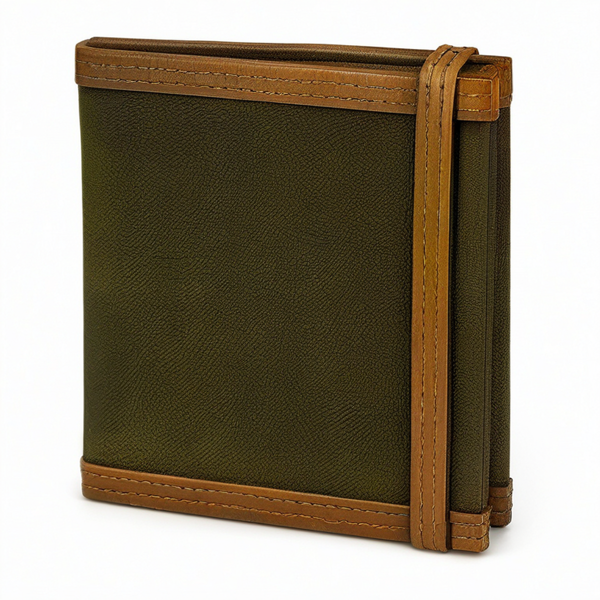 Cartera plegable 12 x 9.5 x 2 cm de tejido verde y material sintético marrón con cierre de correa