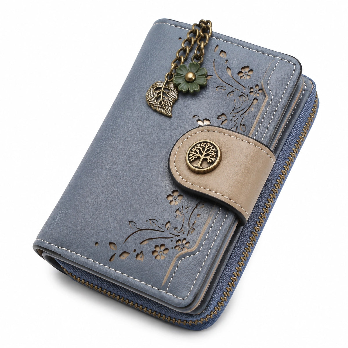 Cartera monedero 19 x 10 x 3 cm de cuero sintético azul con cremallera y motivo floral