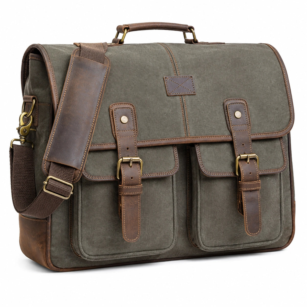 Bolso mensajero 40 x 12 x 30 cm de lona verde y marrón para portátil con bandolera ajustable