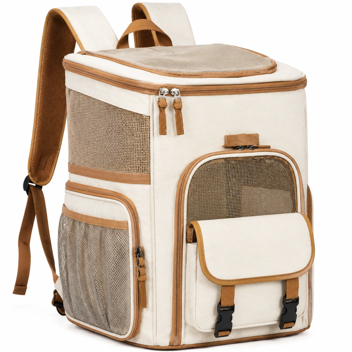Mochila transportín para mascotas 42 x 30 x 45 cm de tela beige con malla ventilada - portátil