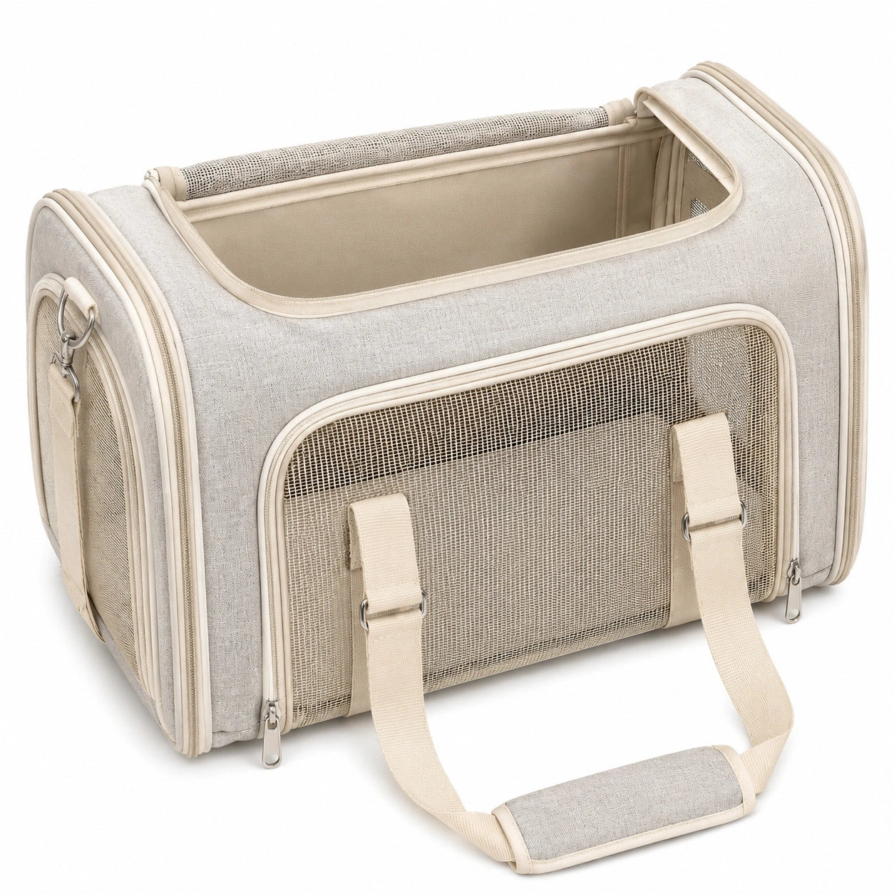 Bolsa transportín para mascotas 45 x 28 x 30 cm de tela beige con malla ventilada plegable