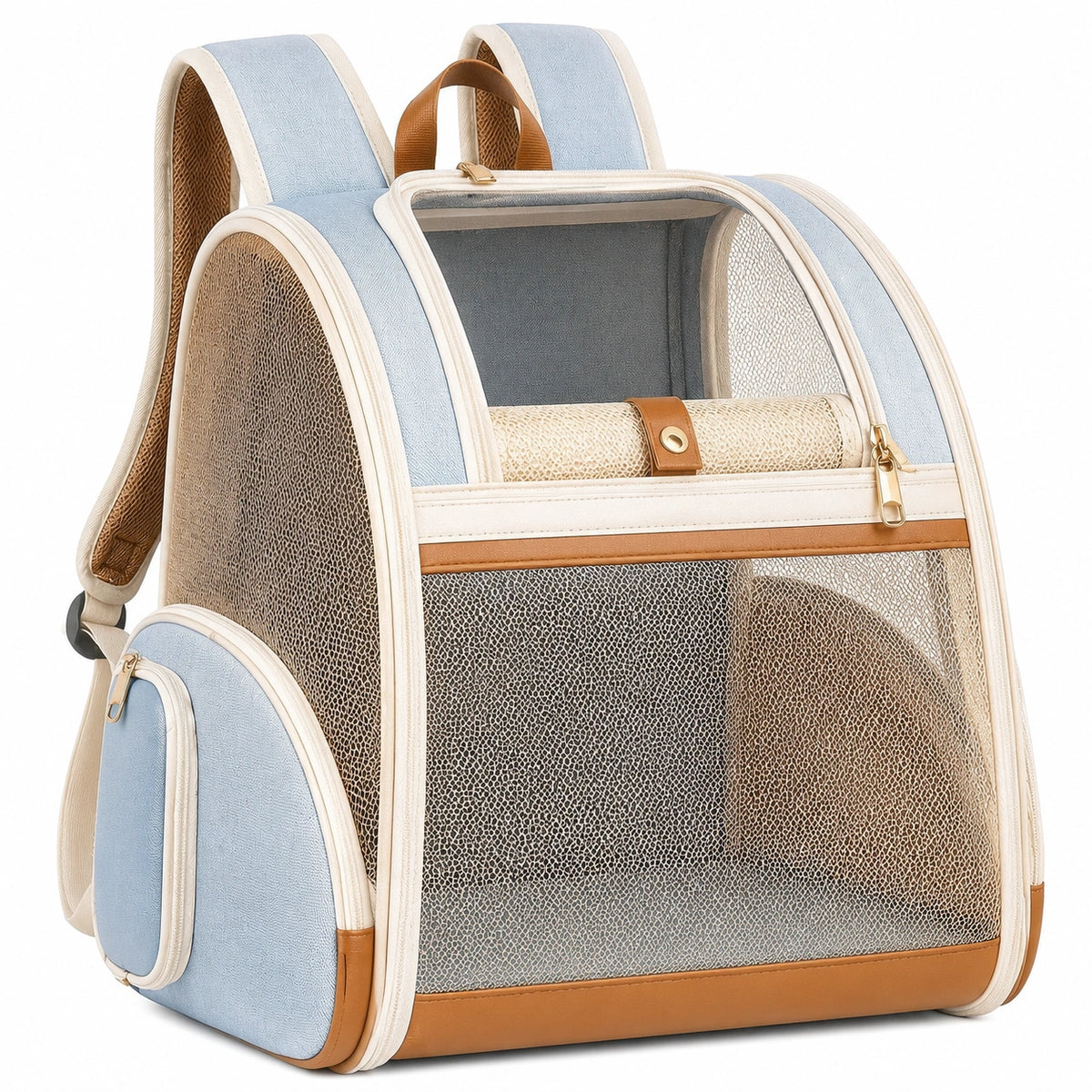 Mochila transportín para mascotas 32 x 25 x 42 cm de tejido y malla azul claro con bolsillos