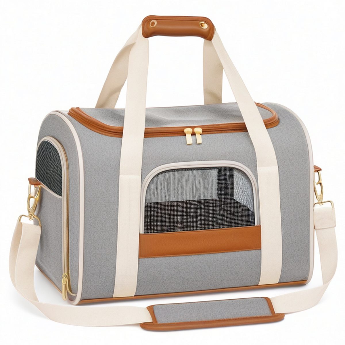 Bolso transportín para mascotas 45 x 25 x 30 cm de tejido gris con malla y correa de hombro