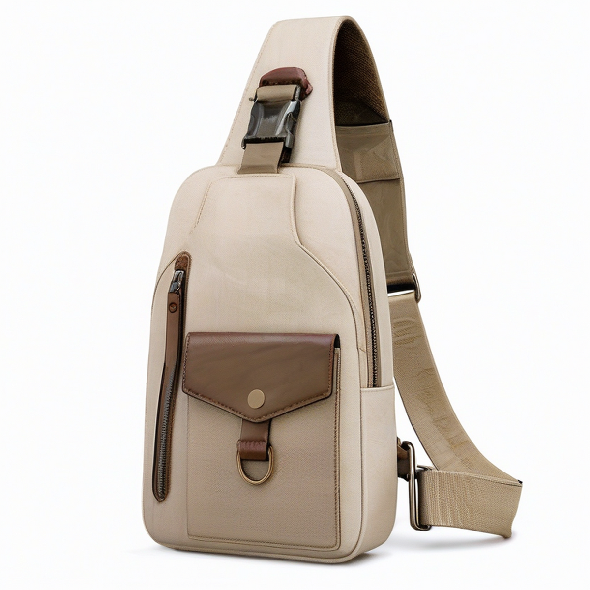 Bolso bandolera 18 x 8 x 32 cm de lona beige y piel sintética marrón con bolsillos y correa ajustable