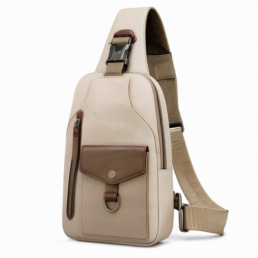 Bolso bandolera 18 x 8 x 32 cm de lona beige y piel sintética marrón con bolsillos y correa ajustable