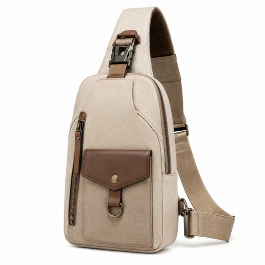Bolso bandolera 18 x 8 x 32 cm de lona beige y piel sintética marrón con bolsillos y correa ajustable