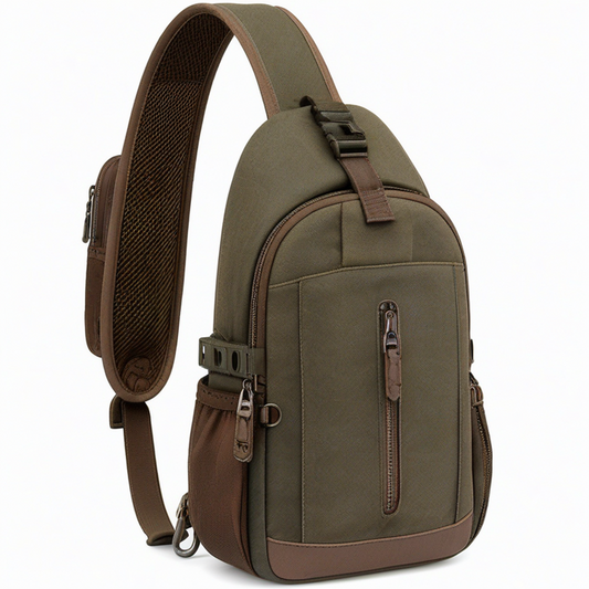 Mochila bandolera 32 cm de tejido verde con compartimentos y correa acolchada