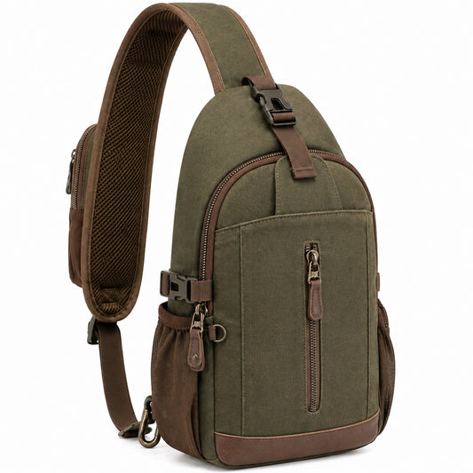 Mochila bandolera 32 cm de tejido verde con compartimentos y correa acolchada