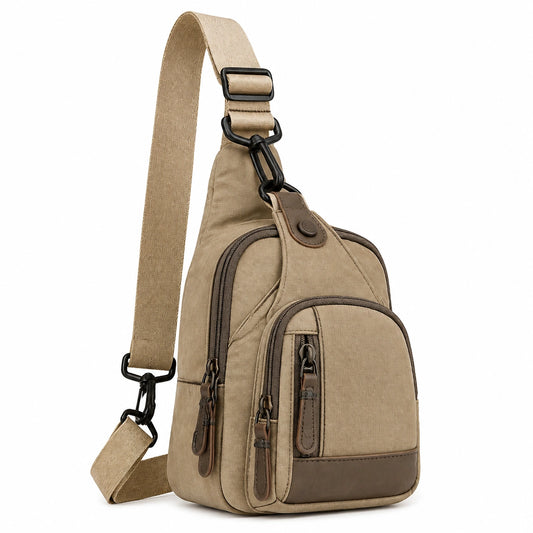 Bolso bandolera compacto 18 x 8 x 32 cm de tejido beige con bolsillos y correa ajustable