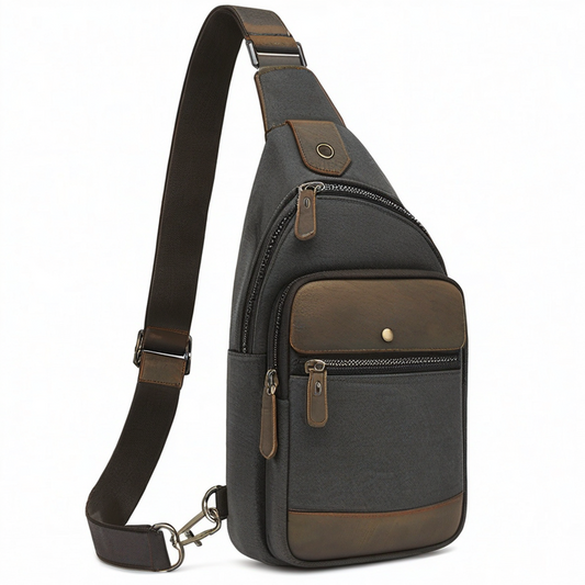 Bolso bandolera 18 x 8 x 32 cm de tejido sintético gris y marrón con bolsillos para uso diario