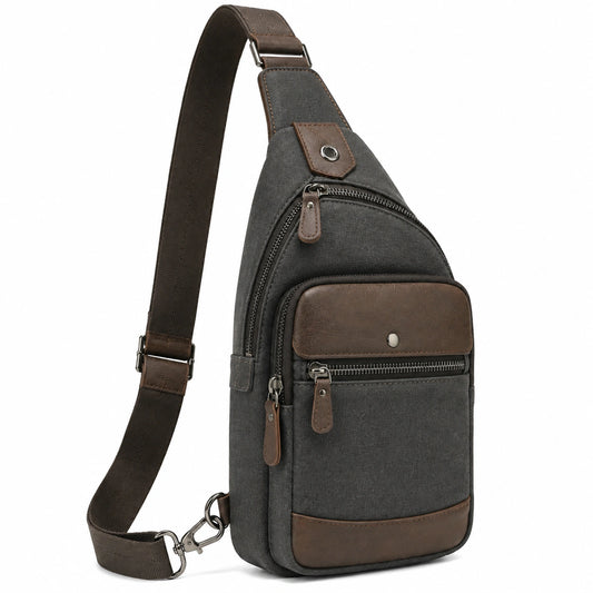 Bolso bandolera 18 x 8 x 32 cm de tejido sintético gris y marrón con bolsillos para uso diario
