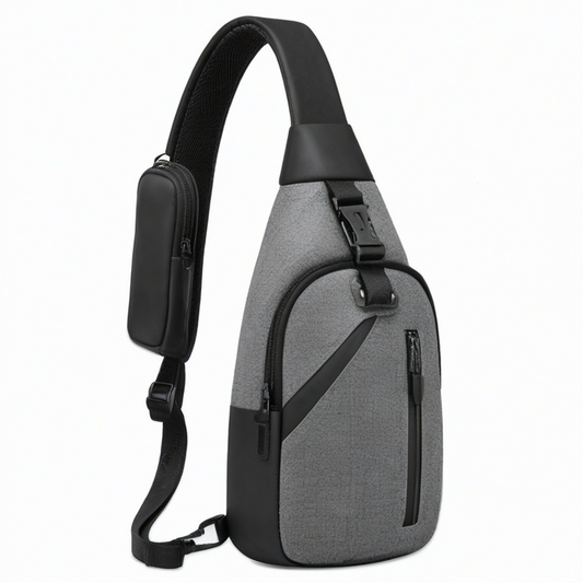 Bolso bandolera 30 cm de tejido sintético gris y negro con compartimentos con cremallera