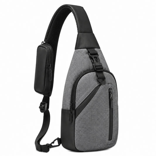 Bolso bandolera 30 cm de tejido sintético gris y negro con compartimentos con cremallera