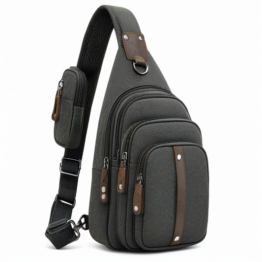 Bolso bandolera 18 x 8 x 32 cm de lona gris oscuro con detalles marrones y múltiples bolsillos