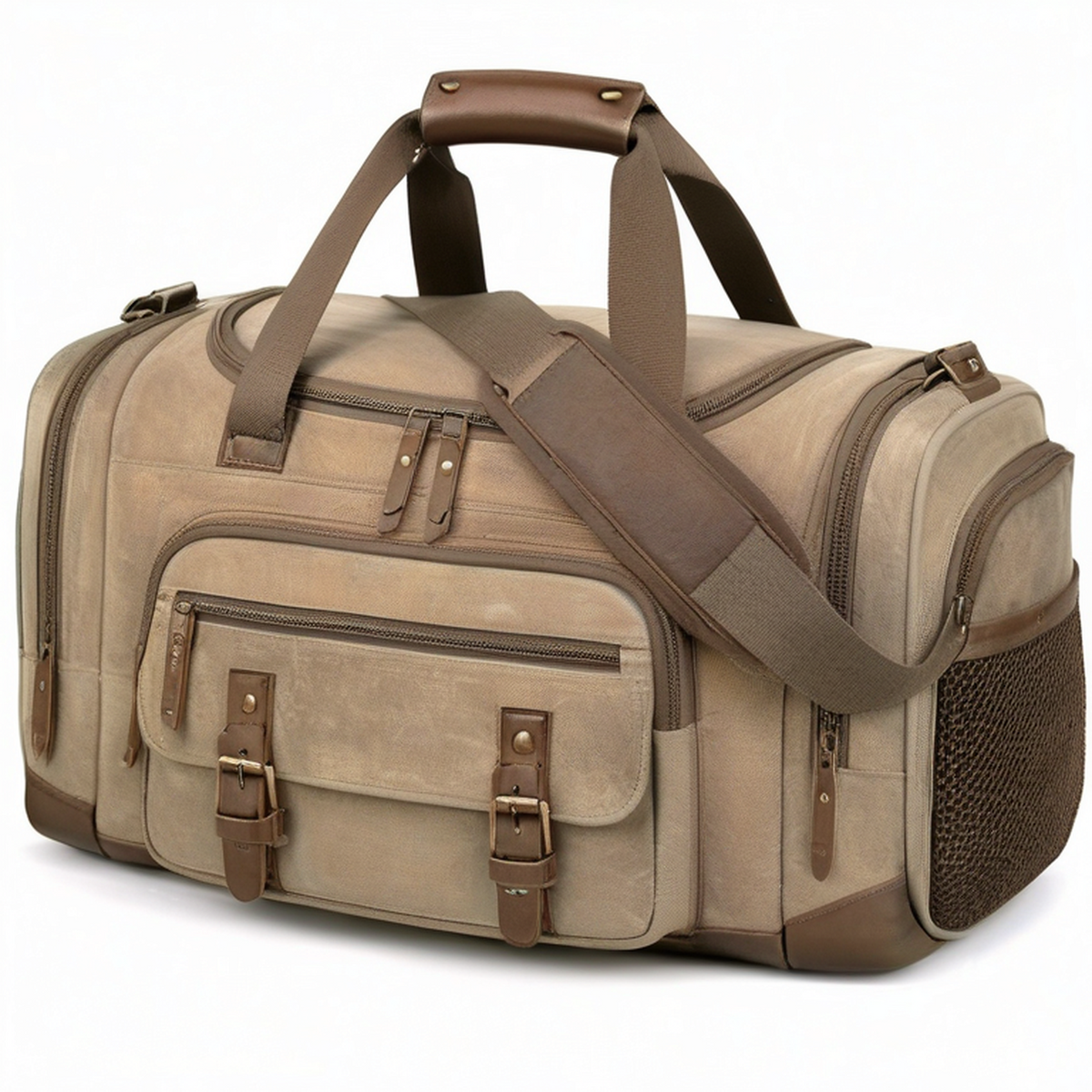Bolsa de viaje 55 cm de lona beige y marrón con bolsillos y correa ajustable
