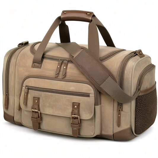 Bolsa de viaje 55 cm de lona beige y marrón con bolsillos y correa ajustable