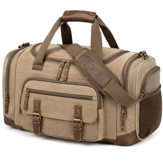 Bolsa de viaje 55 cm de lona beige y marrón con bolsillos y correa ajustable