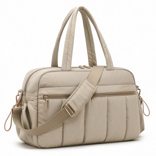 Bolso de viaje 42 x 16 x 30 cm de tejido sintético acolchado beige con bandolera y bolsillos