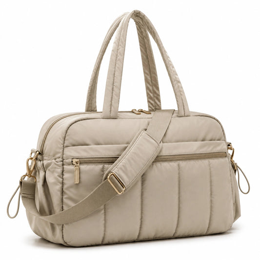 Bolso de viaje 42 x 16 x 30 cm de tejido sintético acolchado beige con bandolera y bolsillos