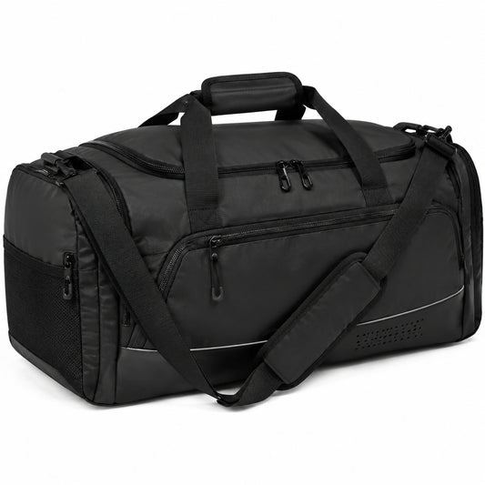 Bolsa de viaje 55 x 28 x 30 cm de piel sintética negra con compartimentos y correa ajustable