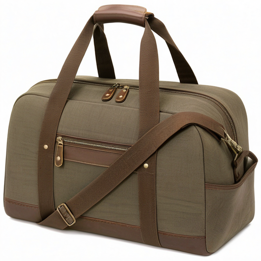 Bolsa de viaje 50 x 25 x 30 cm de lona verde oliva y detalles marrones con correa ajustable