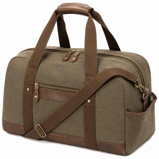 Bolsa de viaje 50 x 25 x 30 cm de lona verde oliva y detalles marrones con correa ajustable