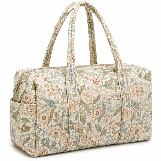 Bolsa de viaje 45 x 25 x 30 cm de tejido acolchado floral beige con cremallera