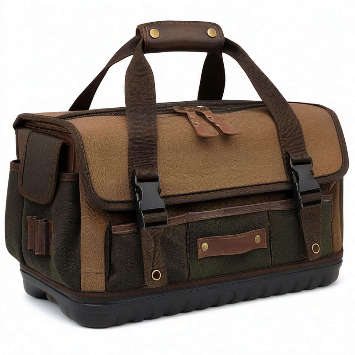 Bolsa de herramientas 45 x 25 x 30 cm de lona marrón y verde con base rígida y bolsillos