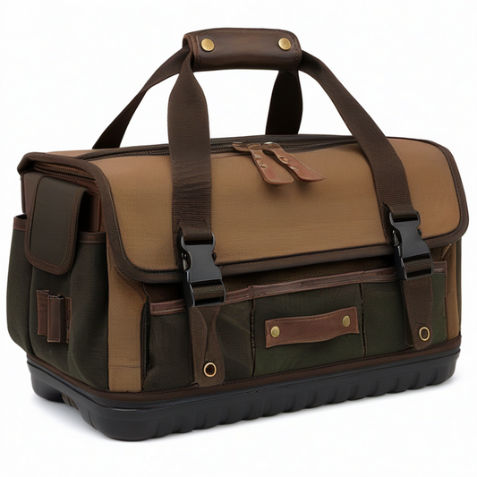 Bolsa de herramientas 45 x 25 x 30 cm de lona marrón y verde con base rígida y bolsillos