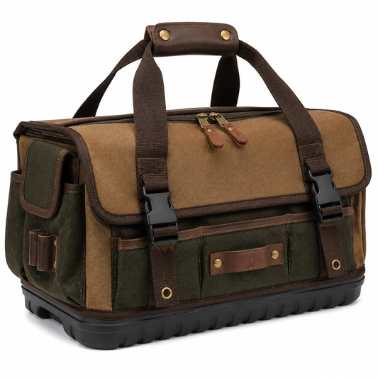 Bolsa de herramientas 45 x 25 x 30 cm de lona marrón y verde con base rígida y bolsillos