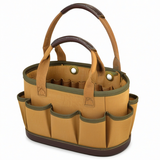 Bolsa organizadora 35 x 18 x 28 cm de lona marrón para herramientas con bolsillos exteriores