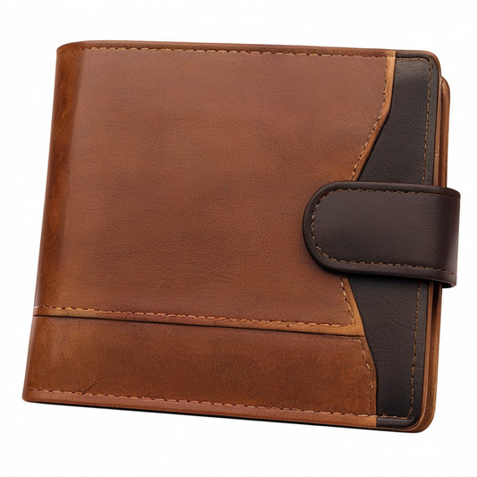 Cartera bifold 12 x 10 x 2 cm de material sintético marrón y negro con cierre de broche