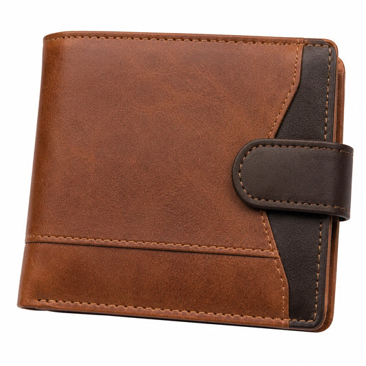 Cartera bifold 12 x 10 x 2 cm de material sintético marrón y negro con cierre de broche