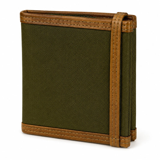 Cartera plegable 12 x 9.5 x 2 cm de tejido verde y material sintético marrón con cierre de correa