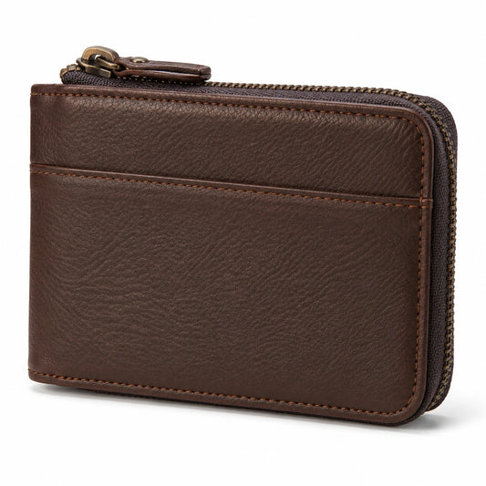 Cartera con cremallera 11 x 8 x 2 cm acabado tipo piel marrón para tarjetas estilo compacto