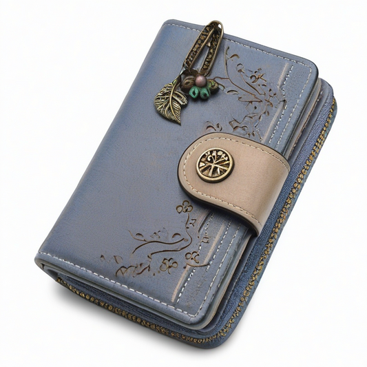 Cartera monedero 19 x 10 x 3 cm de cuero sintético azul con cremallera y motivo floral