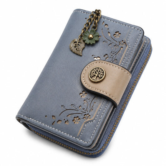 Cartera monedero 19 x 10 x 3 cm de cuero sintético azul con cremallera y motivo floral
