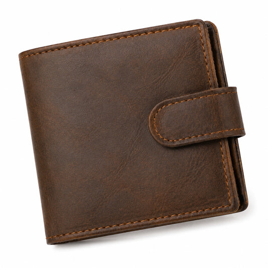 Cartera plegable 12 x 10 x 2 cm de material sintético marrón con cierre de botón a presión - estilo clásico