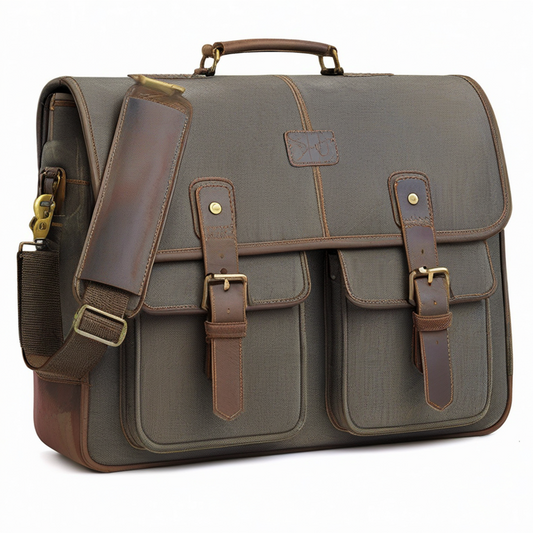 Bolso mensajero 40 x 12 x 30 cm de lona verde y marrón para portátil con bandolera ajustable