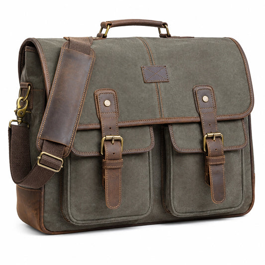 Bolso mensajero 40 x 12 x 30 cm de lona verde y marrón para portátil con bandolera ajustable