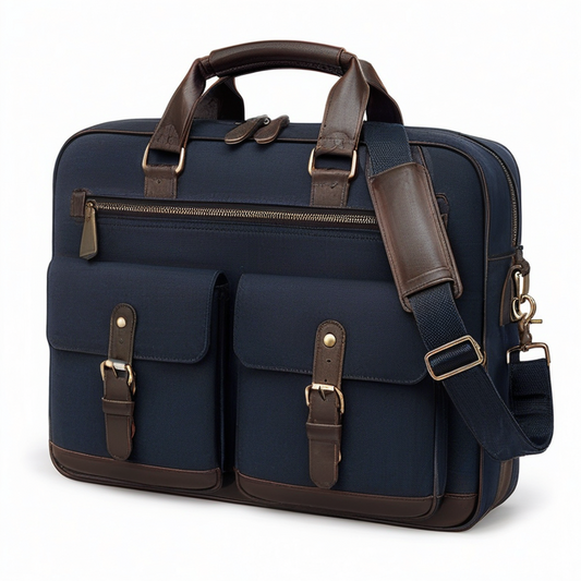 Bolso para portátil 42 x 12 x 32 cm de tejido sintético azul marino y marrón con correa ajustable