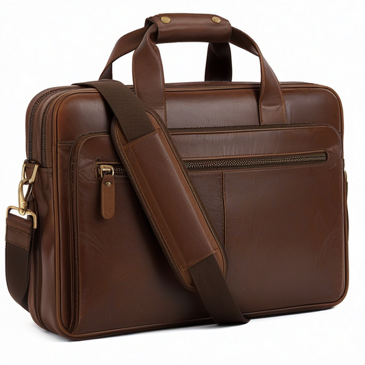 Maletín de cuero marrón 42 x 30 x 12 cm para portátil con bandolera y cremalleras