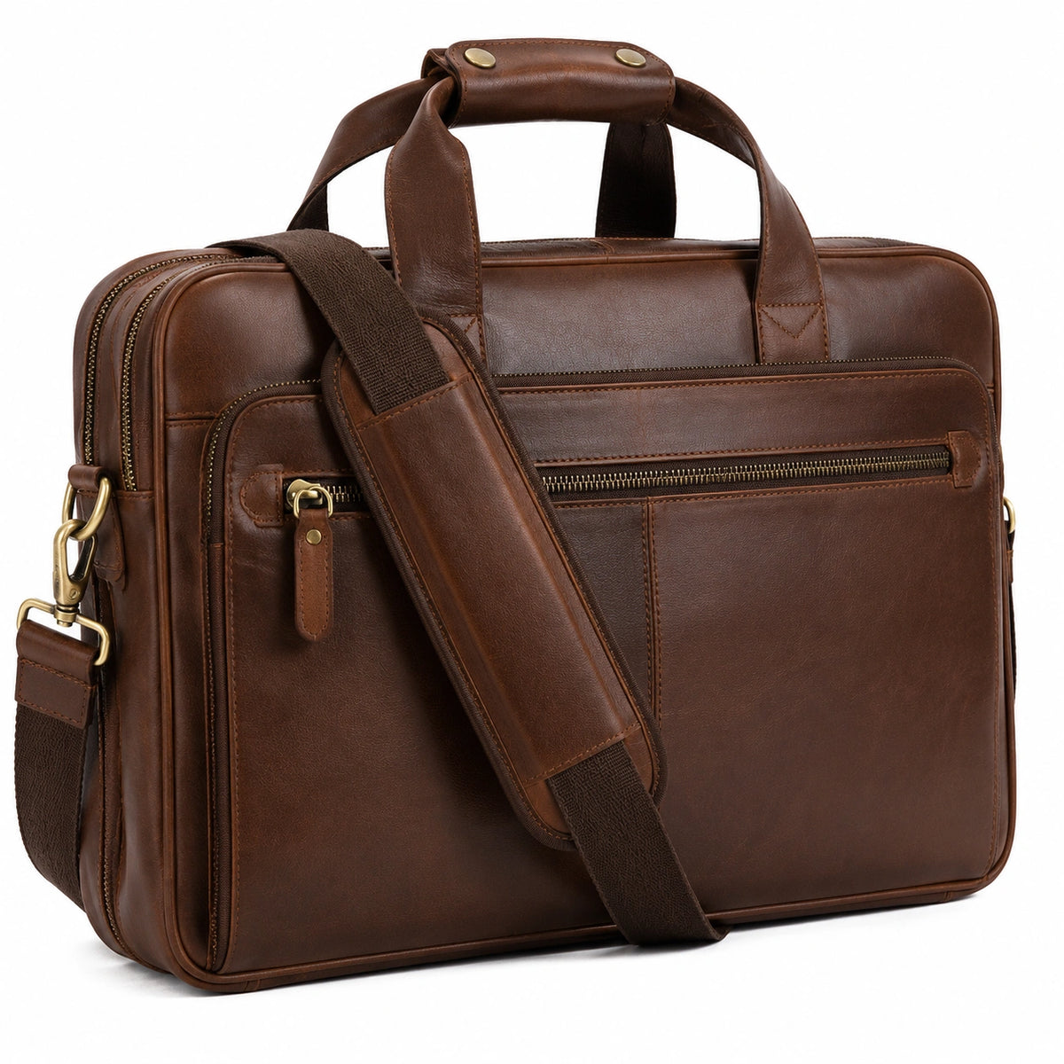 Maletín de cuero marrón 42 x 30 x 12 cm para portátil con bandolera y cremalleras
