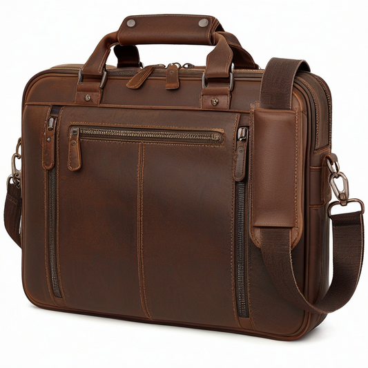 Maletín de cuero marrón 42 x 10 x 32 cm para portátil con bandolera y bolsillos