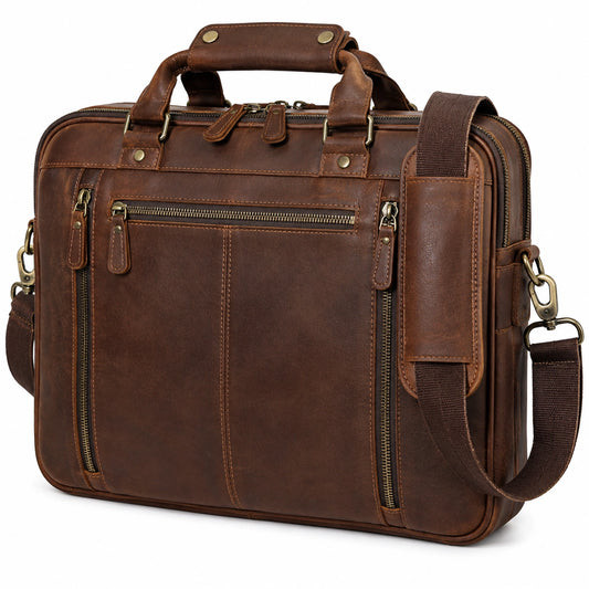 Maletín de cuero marrón 42 x 10 x 32 cm para portátil con bandolera y bolsillos